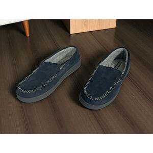 Size L (9.5-10.5) Men's Eddie Bauer London Navy Suede Fur Moccasin Slippers